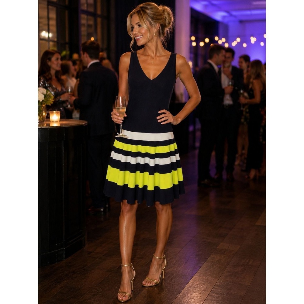 Joseph Ribkoff Navy Blue Neon Yellow Striped V-Neck Fit Flare Dress Size 8